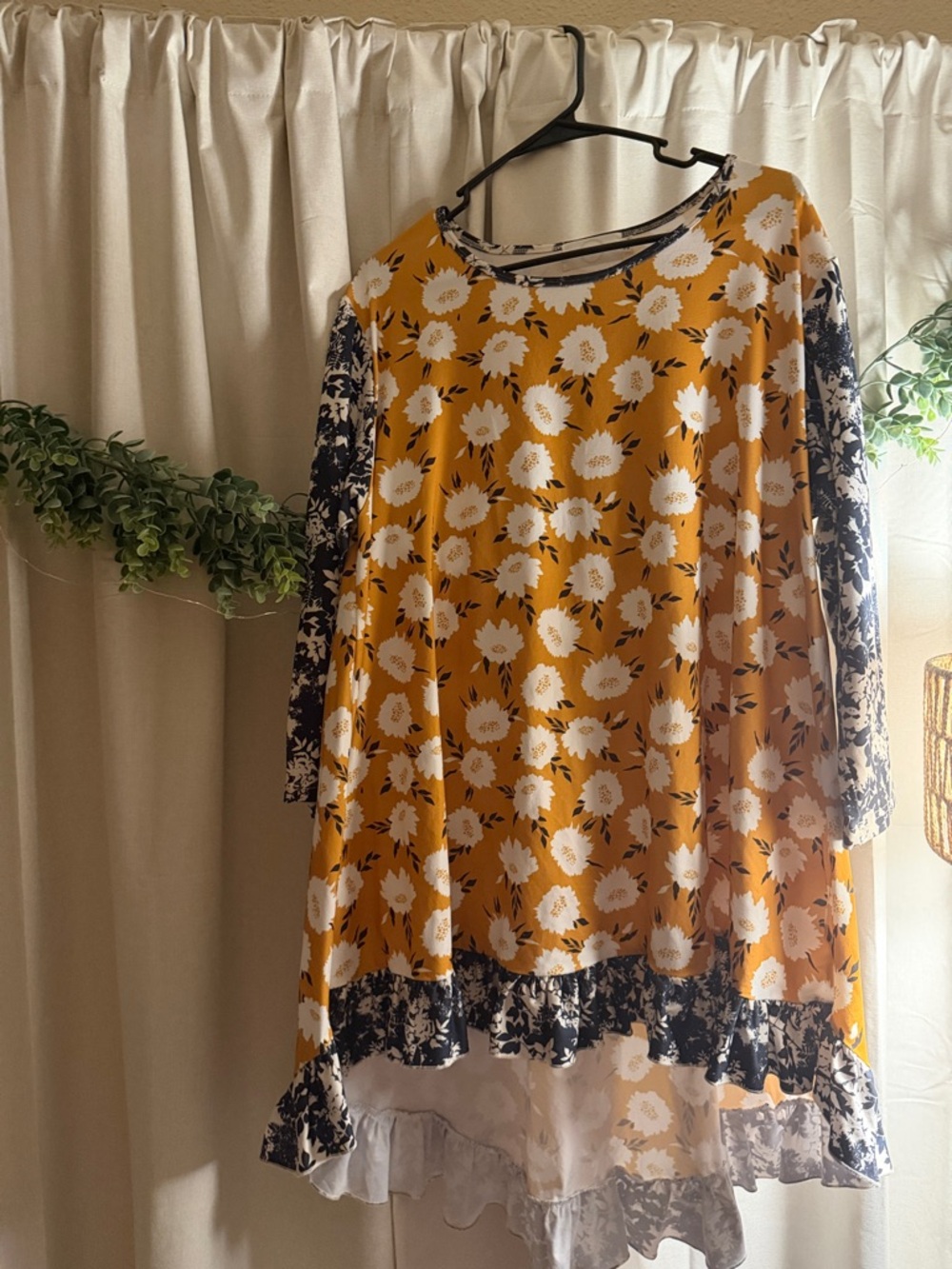 Yellow Floral Ruffle Hem Tunic